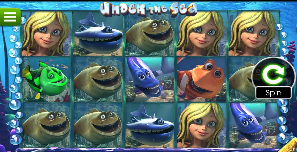 La grille de 5 rouleaux et 3 rangées de Under The Sea : une jeune femme blonde, des poissons souriants vert, orange, bleu et brun-vert, et un poisson bleu foncé arrondi