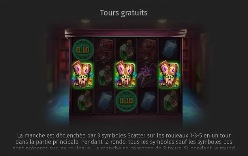 Page de l’aide de Voodoo People sur les tours gratuits : une grille sombre avec trois masques en bois sur la rangée du milieu des rouleaux 1, 3 et 5 et deux cercles verts marqués 0.10, au-dessus du texte de la manche