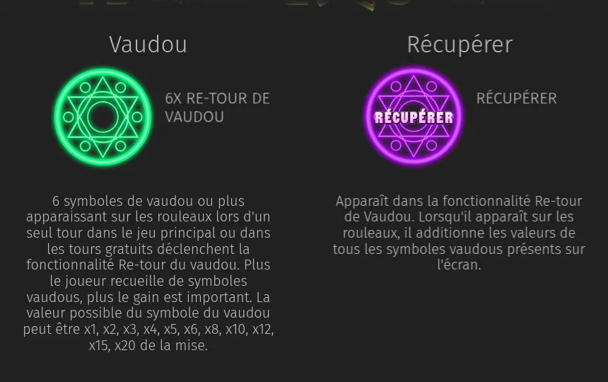 Page Paiements de l’aide de Voodoo People : le symbole Vaudou, un cercle vert lumineux à étoile marqué 6X RE-TOUR DE VAUDOU, et le symbole Récupérer, un cercle violet marqué RÉCUPÉRER, chacun avec sa règle