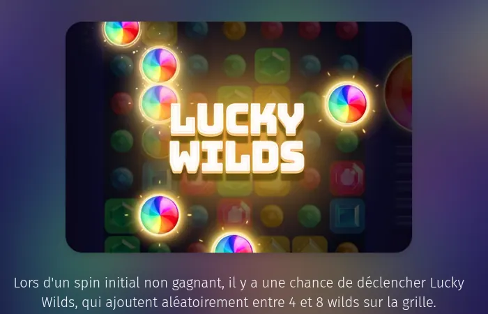 Page de l’aide de Wild Clusters sur les Lucky Wilds : une grille où plusieurs disques arc-en-ciel entourent le titre LUCKY WILDS, avec la phrase qui décrit la fonction