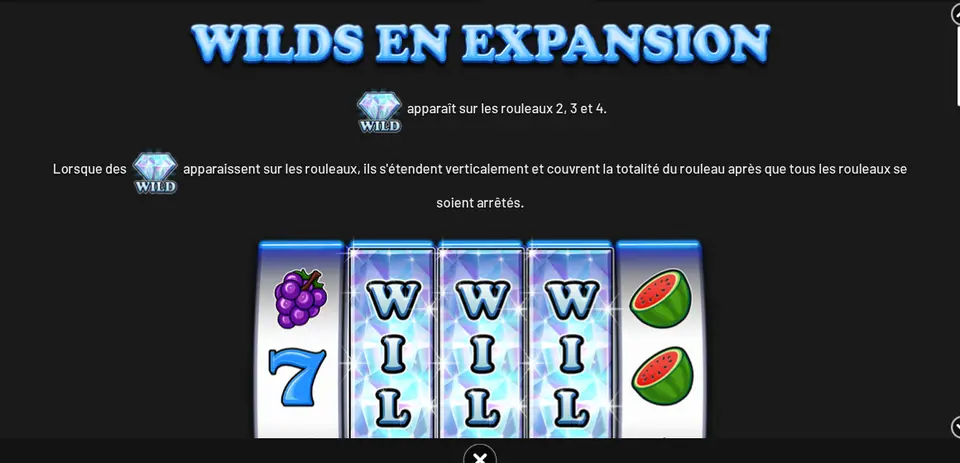 Page WILDS EN EXPANSION de l’aide de Wilds of Fortune : le diamant bleu marqué WILD, le texte d’explication et trois rouleaux centraux couverts par des WILD étendus