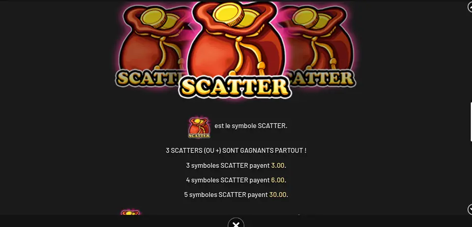 Page SCATTER de l’aide de Wilds of Fortune : trois sacs rouges remplis de pièces d’or marqués SCATTER, et les gains de 3, 4 et 5 SCATTERS : 3.00, 6.00 et 30.00