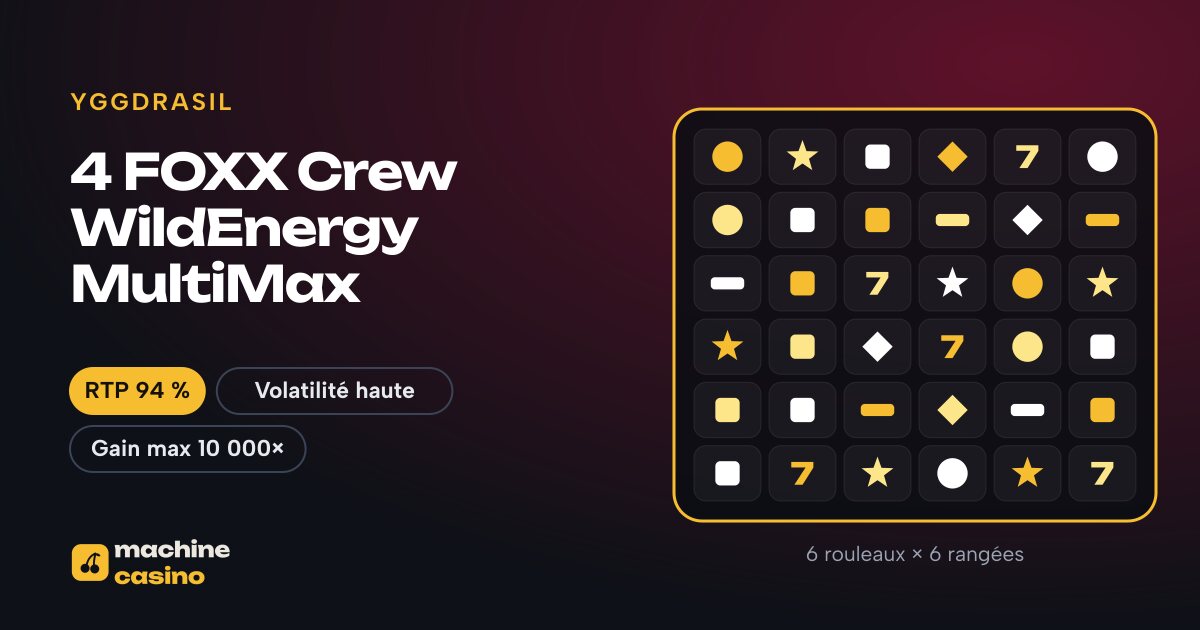 Visuel de 4 FOXX Crew WildEnergy MultiMax : 6 rouleaux × 6 rangées, RTP 94 %