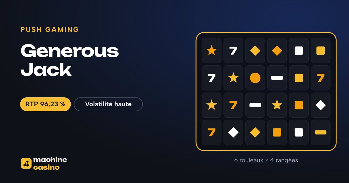 Visuel de Generous Jack : 6 rouleaux × 4 rangées, RTP 96,23 %