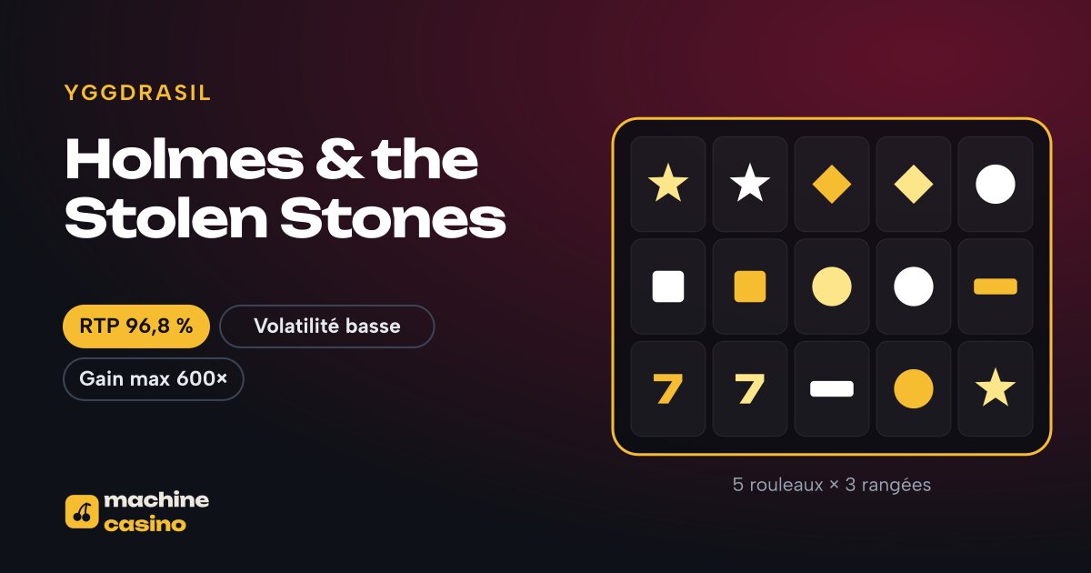 Visuel de Holmes & the Stolen Stones : 5 rouleaux × 3 rangées, RTP 96,8 %