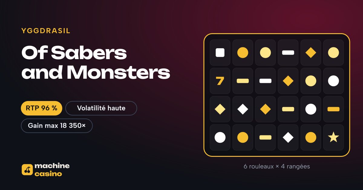 Visuel de Of Sabers and Monsters : 6 rouleaux × 4 rangées, RTP 96 %
