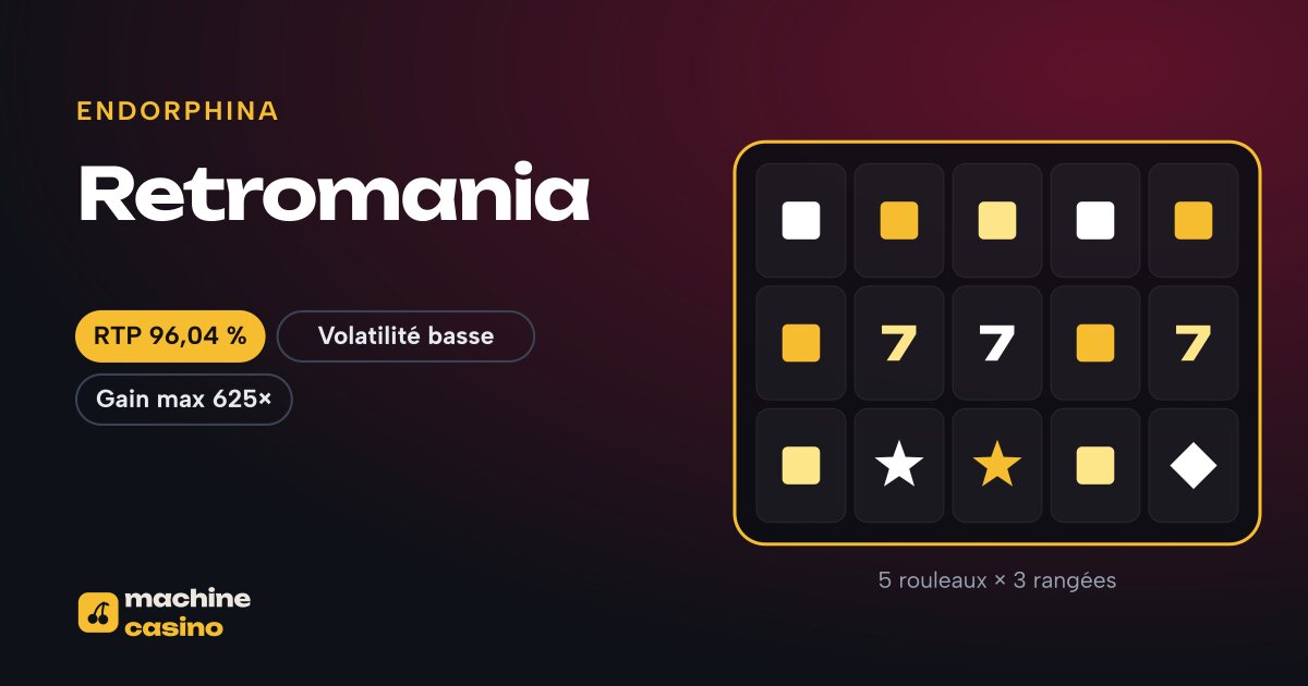 Visuel de Retromania : 5 rouleaux × 3 rangées, RTP 96,04 %