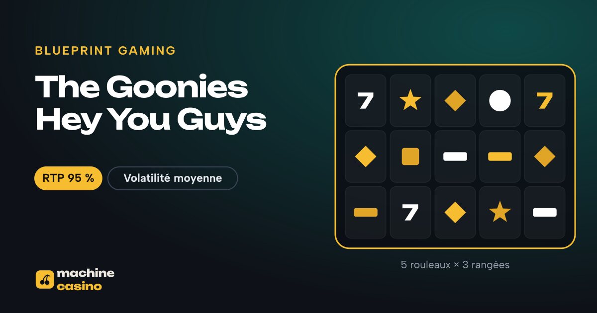 Visuel de The Goonies Hey You Guys : 5 rouleaux × 3 rangées, RTP 95 %